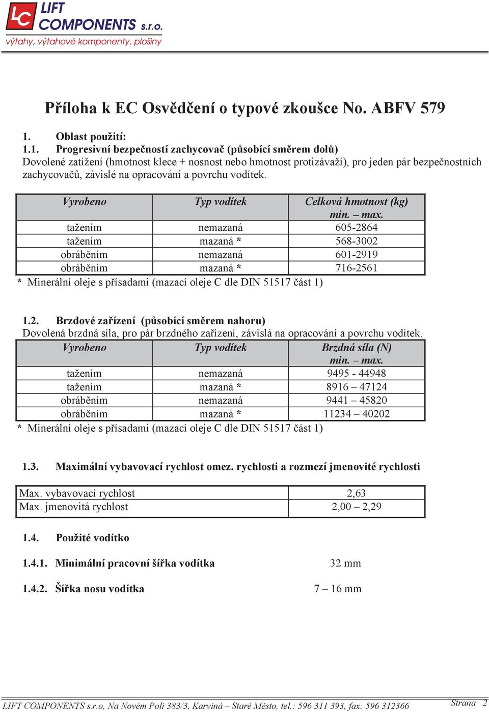 1. Progresivní bezpečností zachycovač (působící směrem dolů) Dovolené zatížení (hmotnost klece + nosnost nebo hmotnost protizávaží), pro jeden pár bezpečnostních zachycovačů, závislé na opracování a