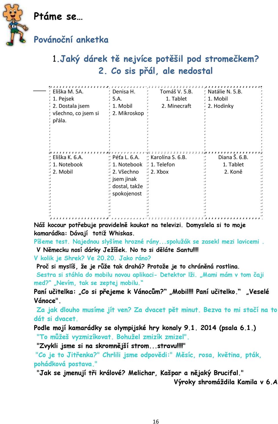 6.B. 1. Telefon 2. Xbox Diana Š. 6.B. 1. Tablet 2. Koně Náš kocour potřebuje pravidelně koukat na televizi. Domyslela si to moje kamarádka: Dávají totiž Whiskas. Píšeme test.