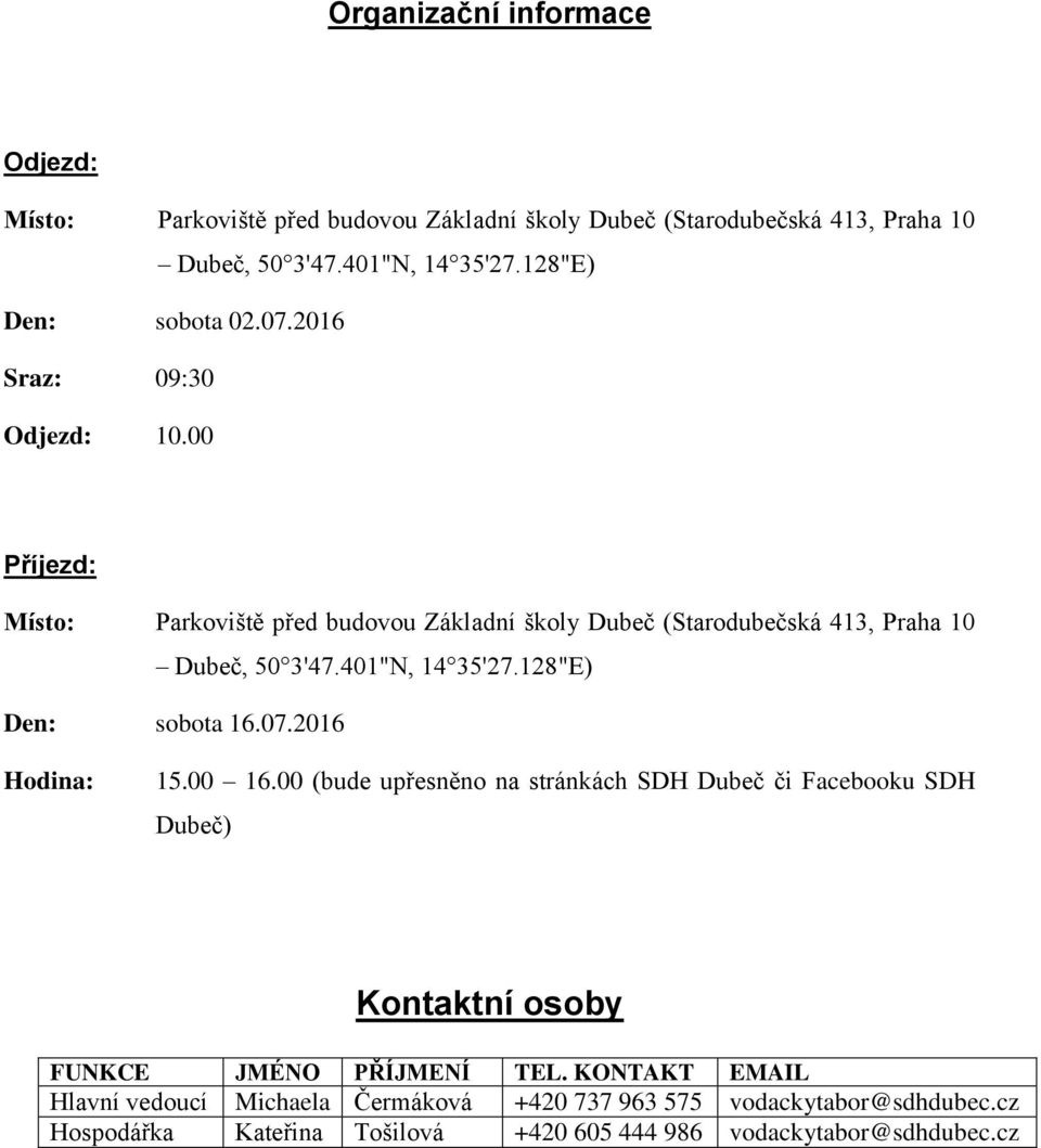 00 Příjezd: Místo: Parkoviště před budovou Základní školy Dubeč (Starodubečská 413, Praha 10 Dubeč, 50 3'47.401"N, 14 35'27.128"E) Den: sobota 16.07.