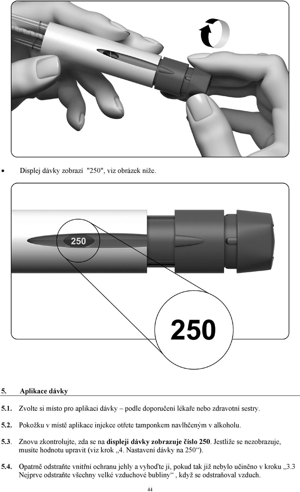 Pokožku v místě aplikace injekce otřete tamponkem navlhčeným v alkoholu. 5.3. Znovu zkontrolujte, zda se na displeji dávky zobrazuje číslo 250.