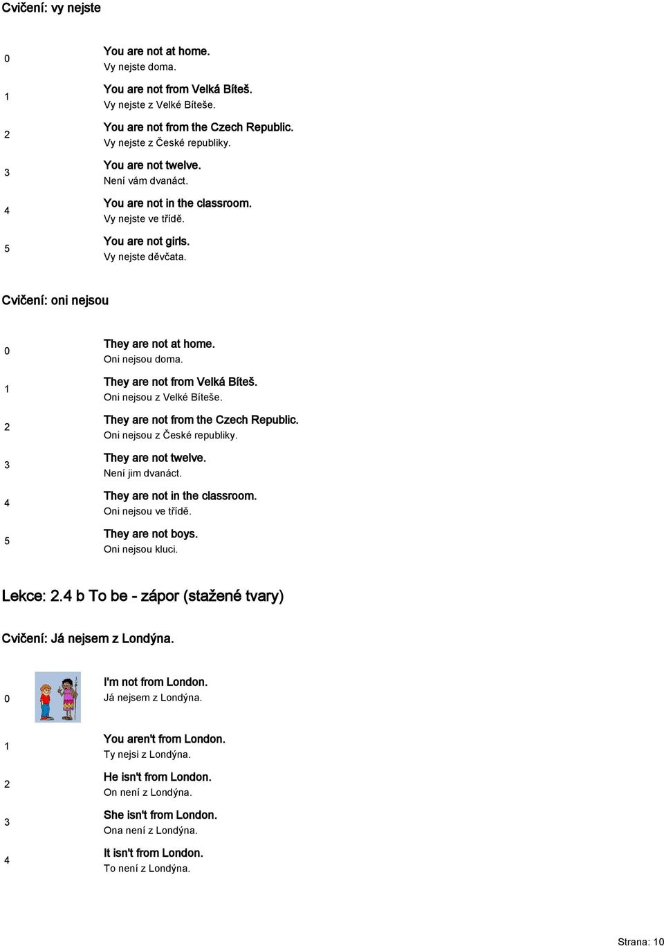 Oni nejsou z Velké Bíteše. They are not from the Czech Republic. Oni nejsou z České republiky. They are not twelve. Není jim dvanáct. They are not in the classroom. Oni nejsou ve třídě.