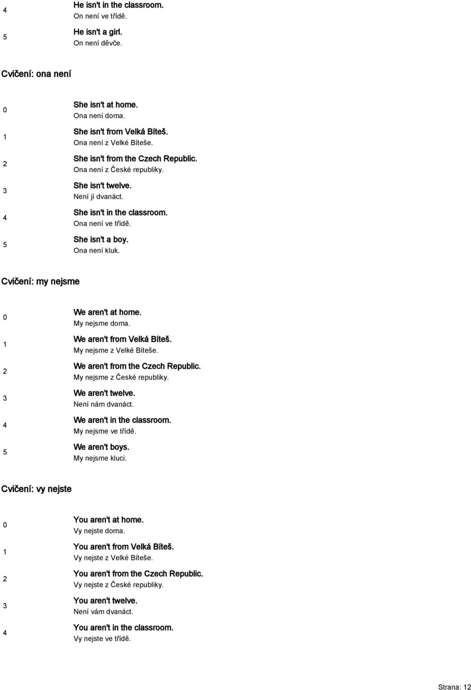 Cvičení: my nejsme We aren't at home. My nejsme doma. We aren't from Velká Bíteš. My nejsme z Velké Bíteše. We aren't from the Czech Republic. My nejsme z České republiky. We aren't twelve.