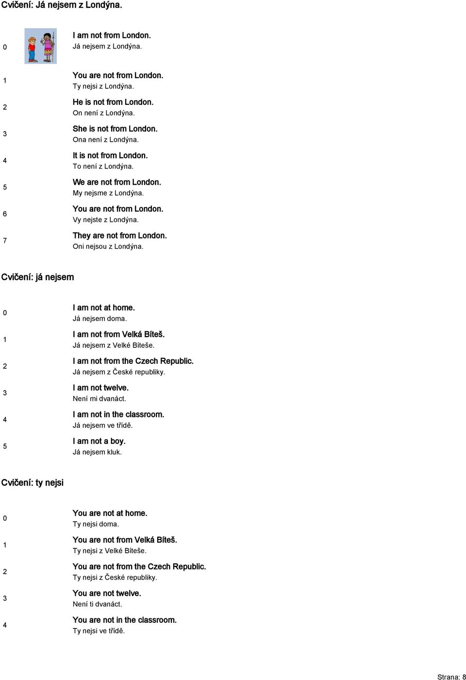 Cvičení: já nejsem I am not at home. Já nejsem doma. I am not from Velká Bíteš. Já nejsem z Velké Bíteše. I am not from the Czech Republic. Já nejsem z České republiky. I am not twelve.