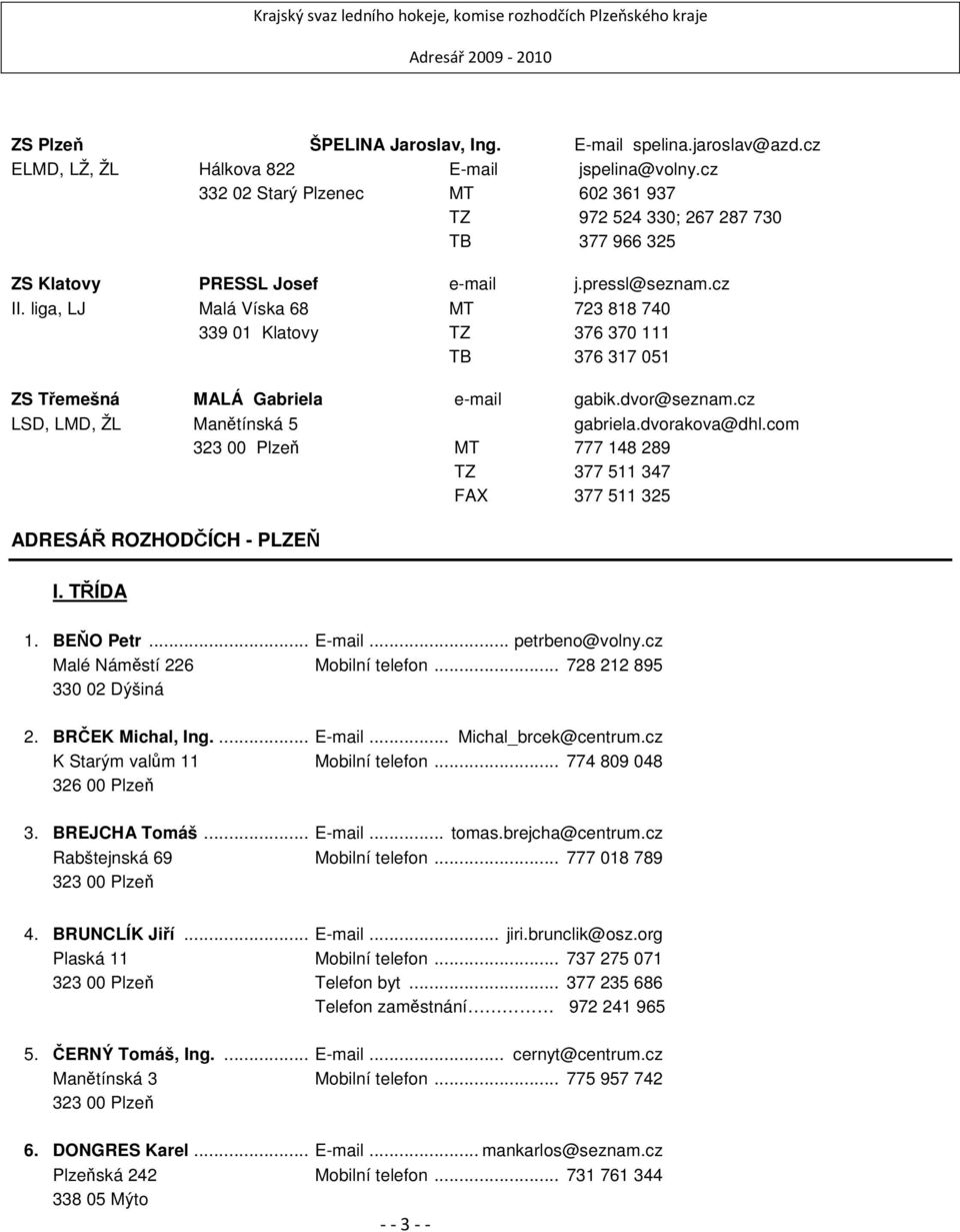 liga, LJ Malá Víska 68 MT 723 818 740 TZ 376 370 111 TB 376 317 051 ZS Třemešná MALÁ Gabriela e-mail gabik.dvor@seznam.cz LSD, LMD, ŽL Manětínská 5 gabriela.dvorakova@dhl.