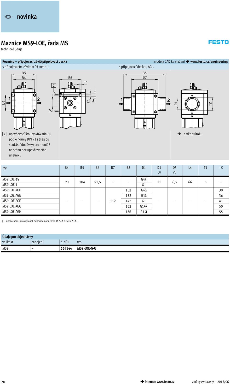 90 podle normy DIN 912 (nejsou součástí dodávky) pro montáž na stěnu bez upevňovacího úhelníku směr průtoku typ B4 B5 B6 B7 B8 D1 D4 D5 L4 T1 ß MS9-LOE-¾ G¾ 90 104 91,5 MS9-LOE-1 G1
