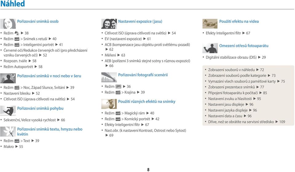 tváře 58 Režim Autoportrét 58 Pořizování snímků v noci nebo v šeru Režim s > Noc, Západ Slunce, Svítání 39 Nastavení blesku 52 Citlivost ISO (úprava citlivosti na světlo) 54 Pořizování snímků pohybu