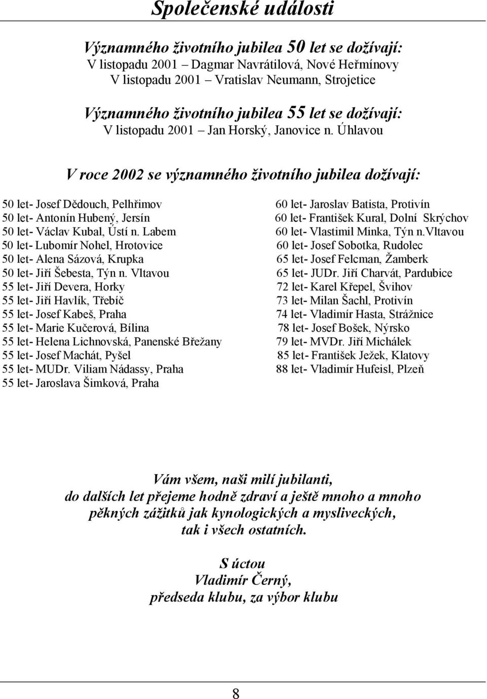 Ú hlavou V roce 2002 se významné ho životního jubilea dožívají: 50 let- Josef Dědouch, Pelhřimov 60 let- Jaroslav Batista, Protivín 50 let- Antonín Hubený, Jersín 60 let- Františ ek Kural, Dolní