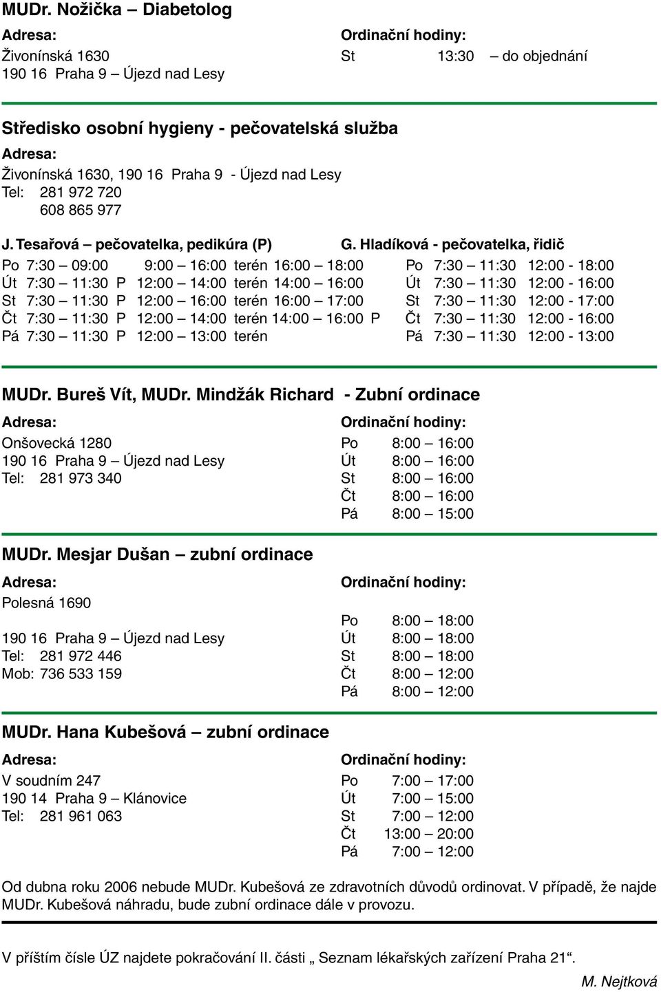 Hladíková - pečovatelka, řidič Po 7:30 09:00 9:00 16:00 terén 16:00 18:00 Po 7:30 11:30 12:00-18:00 Út 7:30 11:30 P 12:00 14:00 terén 14:00 16:00 Út 7:30 11:30 12:00-16:00 St 7:30 11:30 P 12:00 16:00