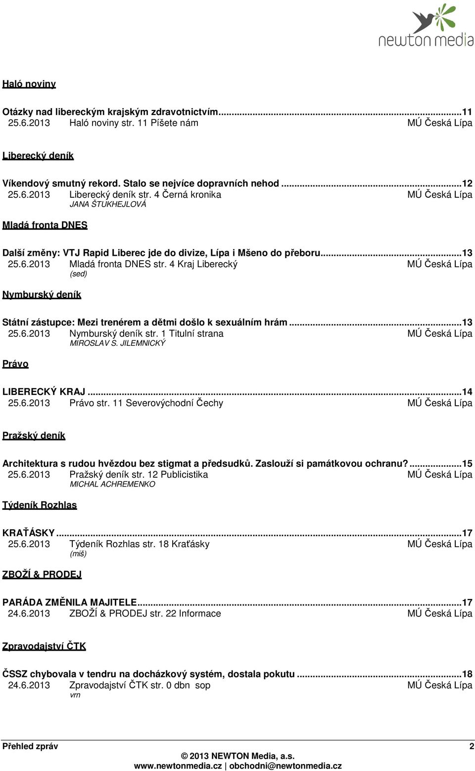 4 Kraj Liberecký MÚ Česká Lípa (sed) Nymburský deník Státní zástupce: Mezi trenérem a dětmi došlo k sexuálním hrám... 13 25.6.2013 Nymburský deník str. 1 Titulní strana MÚ Česká Lípa MIROSLAV S.