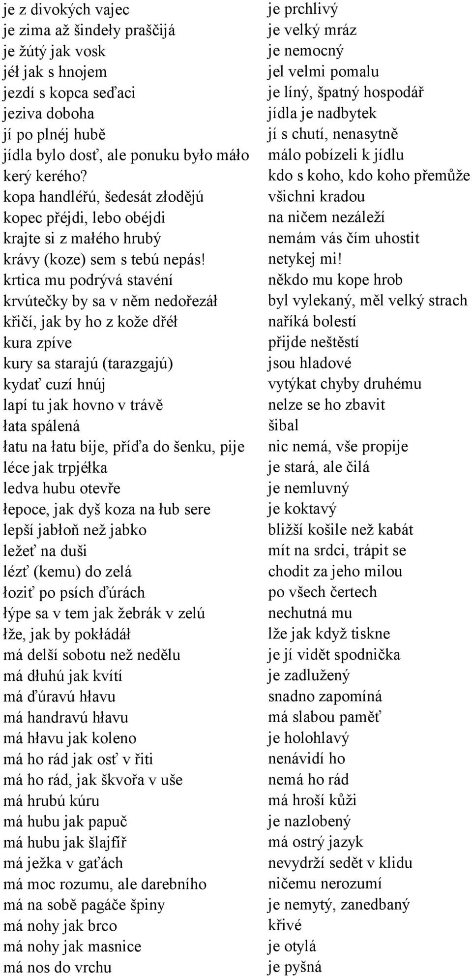 kdo s koho, kdo koho přemůûe kopa handlèř, öedes t złoděj vöichni kradou kopec přèjdi, lebo obèjdi na ničem nez leûì krajte si z małèho hrub nem m v s čìm uhostit kr vy (koze) sem s teb nep s!