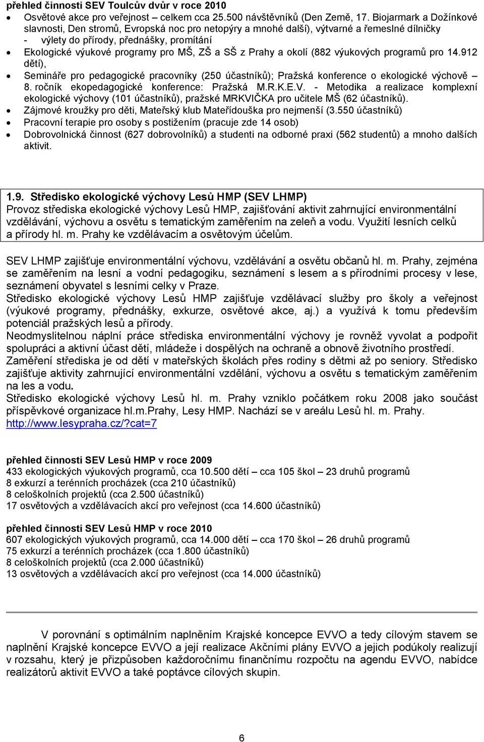 SŠ z Prahy a okolí (882 výukových programů pro 14.912 dětí), Semináře pro pedagogické pracovníky (250 účastníků); Pražská konference o ekologické výchově 8.