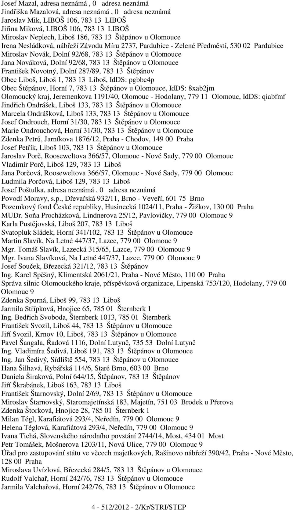 92/68, 783 13 Štěpánov u Olomouce František Novotný, Dolní 287/89, 783 13 Štěpánov Obec Liboš, Liboš 1, 783 13 Liboš, IdDS: pgbbc4p Obec Štěpánov, Horní 7, 783 13 Štěpánov u Olomouce, IdDS: 8xab2jm