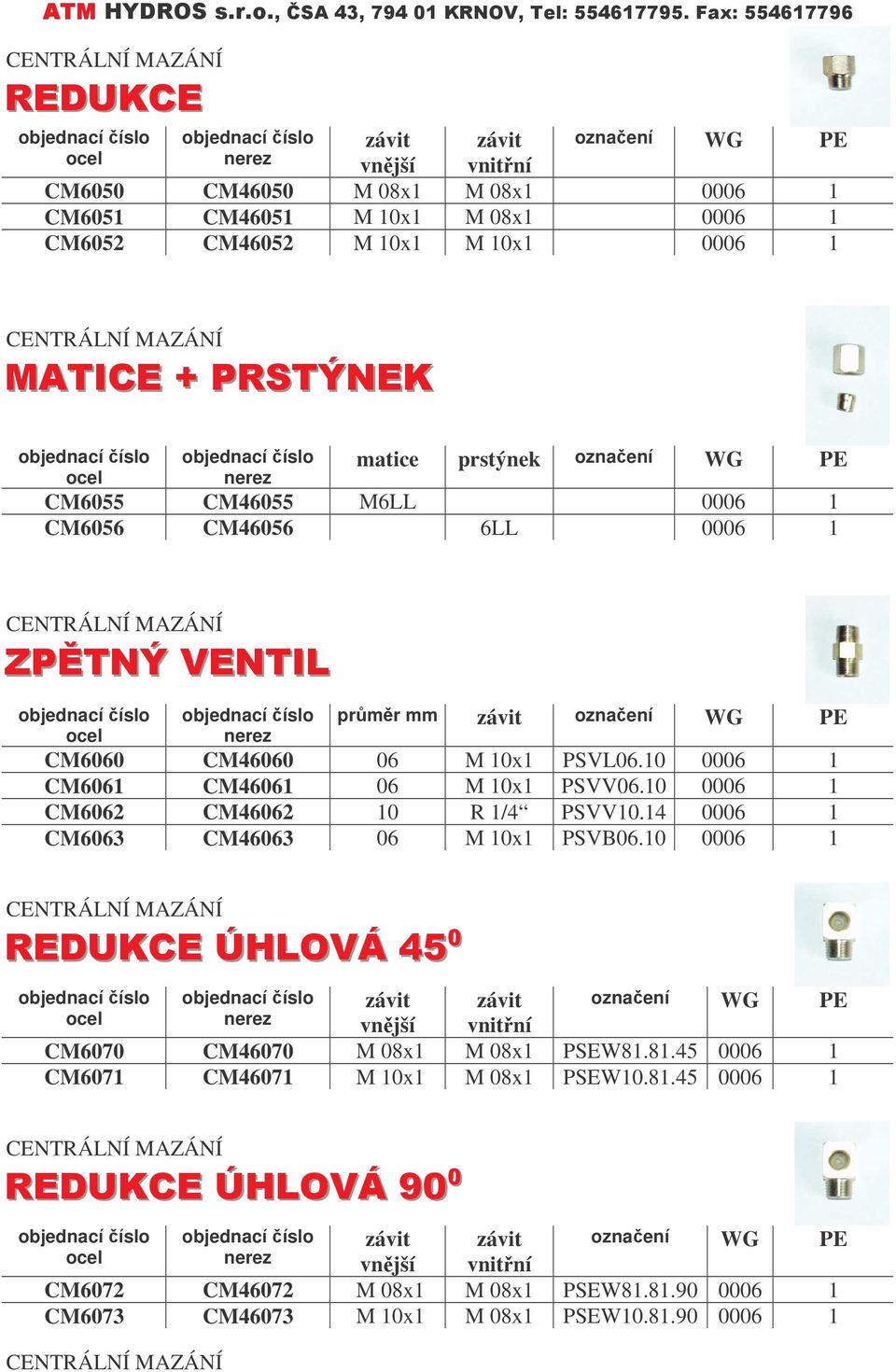 10 0006 1 CM6062 CM46062 10 R 1/4 PSVV10.14 0006 1 CM6063 CM46063 06 M 10x1 PSVB06.10 0006 1 )'/)*+, závit závit oznaení vnjší vnitní WG PE CM6070 CM46070 M 0x1 M 0x1 PSEW1.