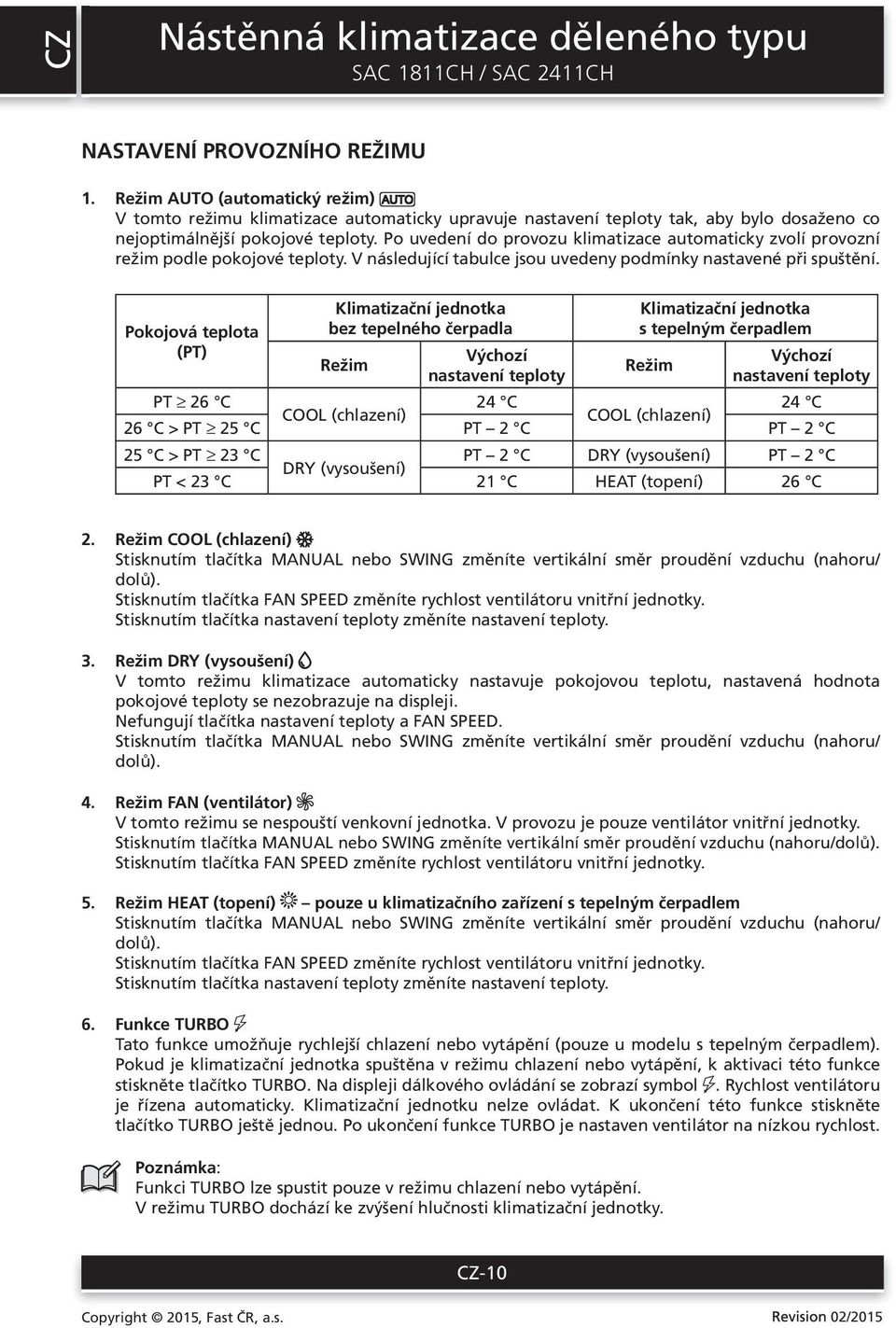 Po uvedení do provozu klimatizace automaticky zvolí provozní režim podle pokojové teploty. V následující tabulce jsou uvedeny podmínky nastavené při spuštění.