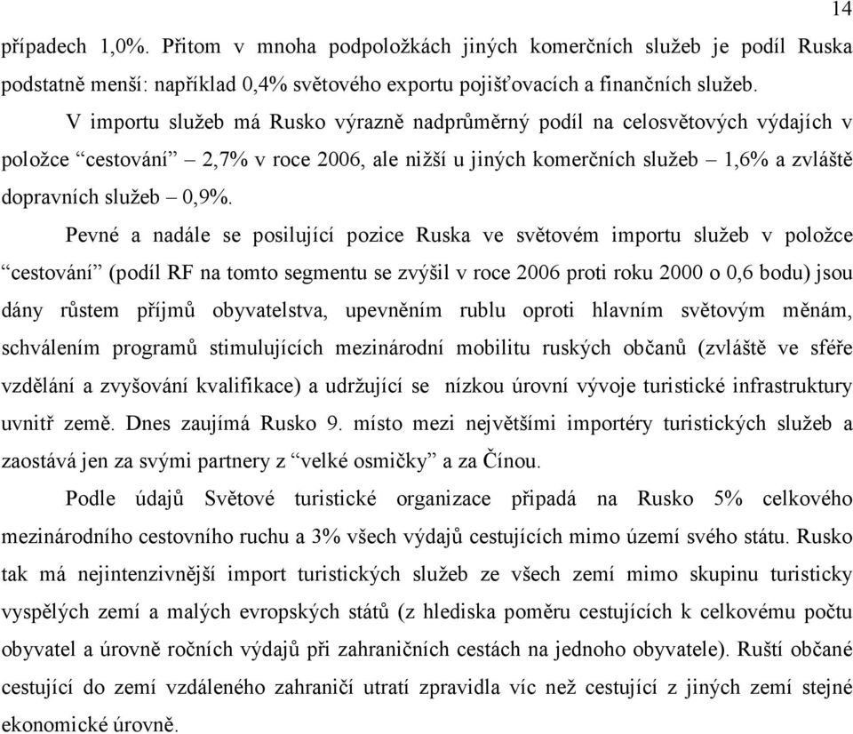 Pevné a nadále se posilující pozice Ruska ve světovém importu služeb v položce cestování (podíl RF na tomto segmentu se zvýšil v roce 2006 proti roku 2000 o 0,6 bodu) jsou dány růstem příjmů