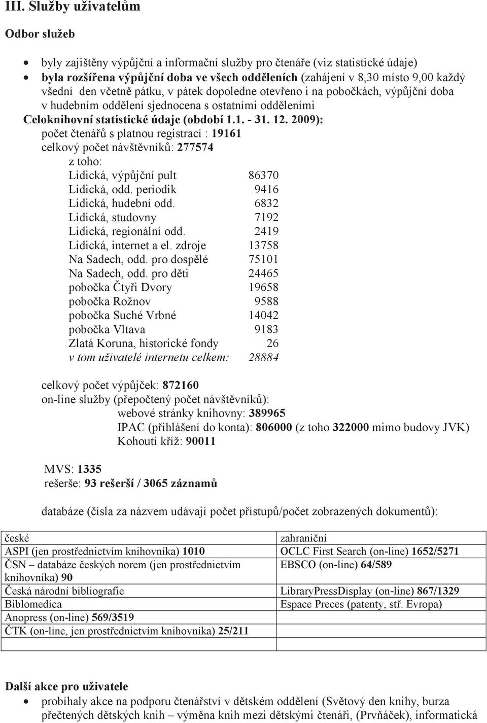 2009): poet tená s platnou registrací : 19161 celkový poet návštvník: 277574 z toho: Lidická, výpjní pult 86370 Lidická, odd. periodik 9416 Lidická, hudební odd.