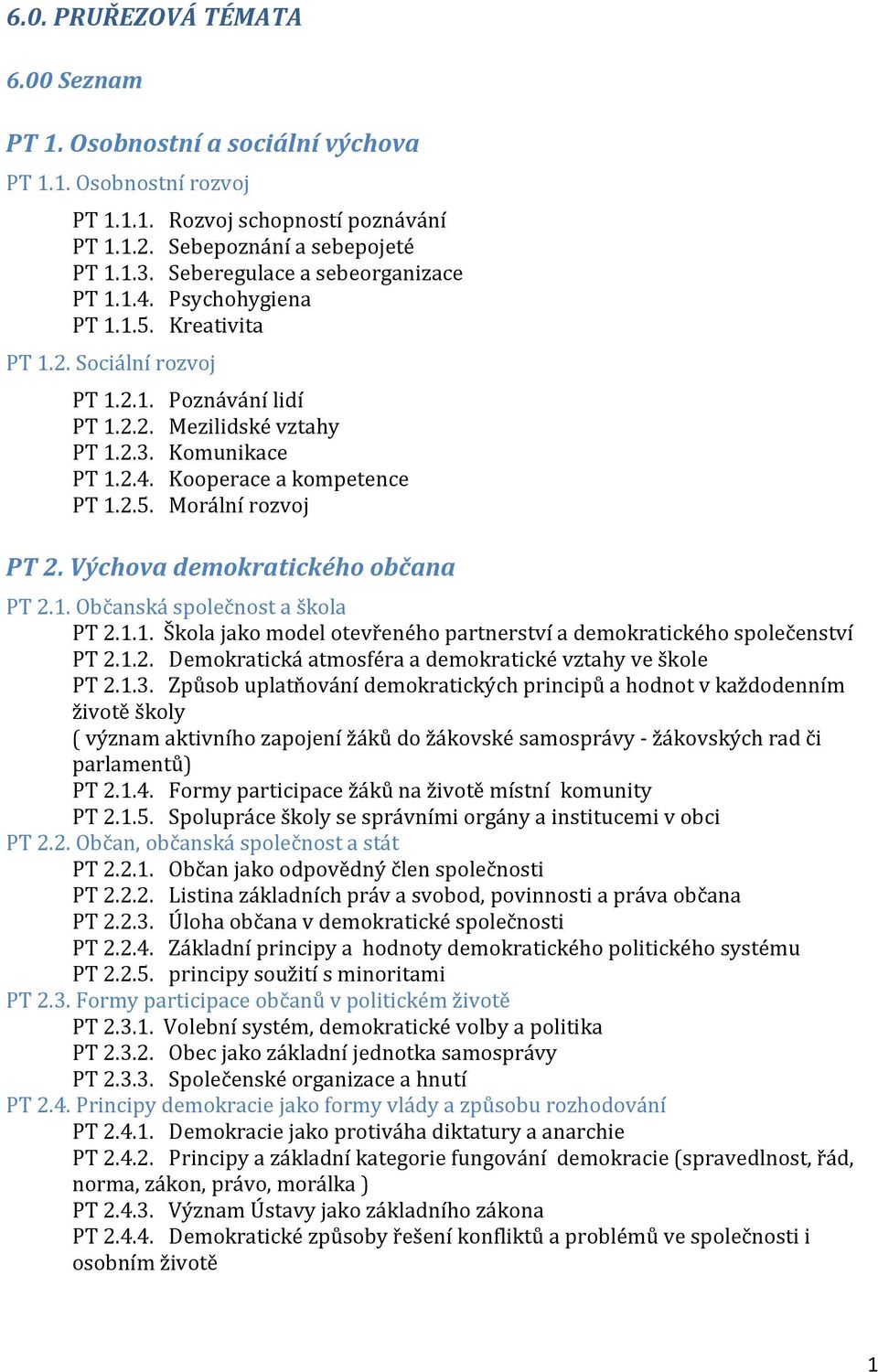 2.5. Morální rozvoj PT 2. Výchova demokratického občana PT 2.1. Občanská společnost a škola PT 2.1.1. Škola jako model otevřeného partnerství a demokratického společenství PT 2.1.2. Demokratická atmosféra a demokratické vztahy ve škole PT 2.