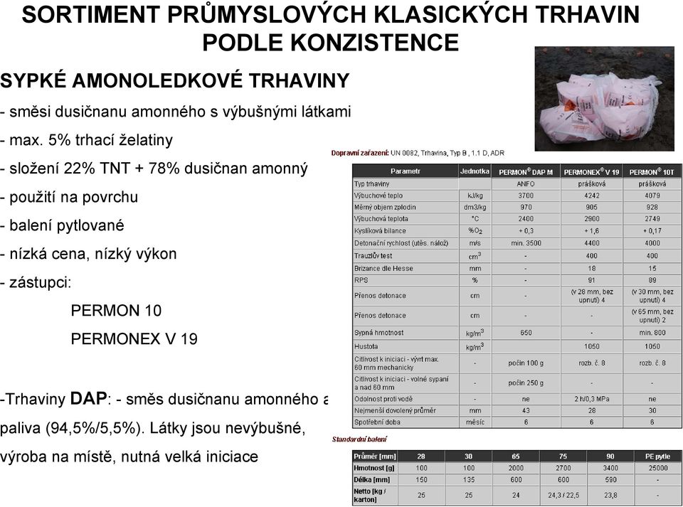 5% trhací želatiny - složení 22% TNT + 78% dusičnan amonný - použití na povrchu - balení pytlované - nízká