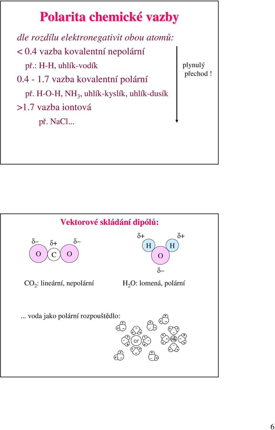 H-O-H, NH 3, uhlík-kyslík, uhlík-dusík >1.7 vazba iontová př. NaCl... plynulý přechod!