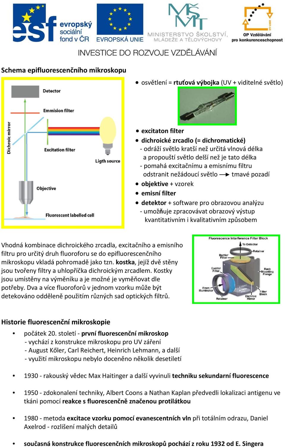 zpracovávat obrazový výstup kvantitativním i kvalitativním způsobem Vhodná kombinace dichroického zrcadla, excitačního a emisního filtru pro určitý druh fluoroforu se do epifluorescenčního mikroskopu