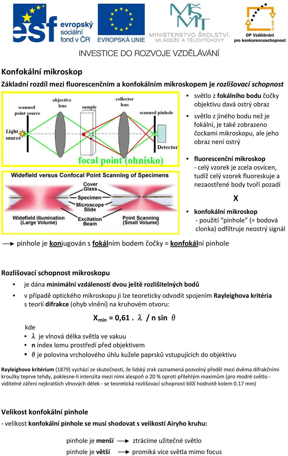 vzorek fluoreskuje a nezaostřené body tvoří pozadí X konfokální mikroskop použití pinhole (= bodová clonka) odfiltruje neostrý signál Rozlišovací schopnost mikroskopu je dána minimální vzdáleností