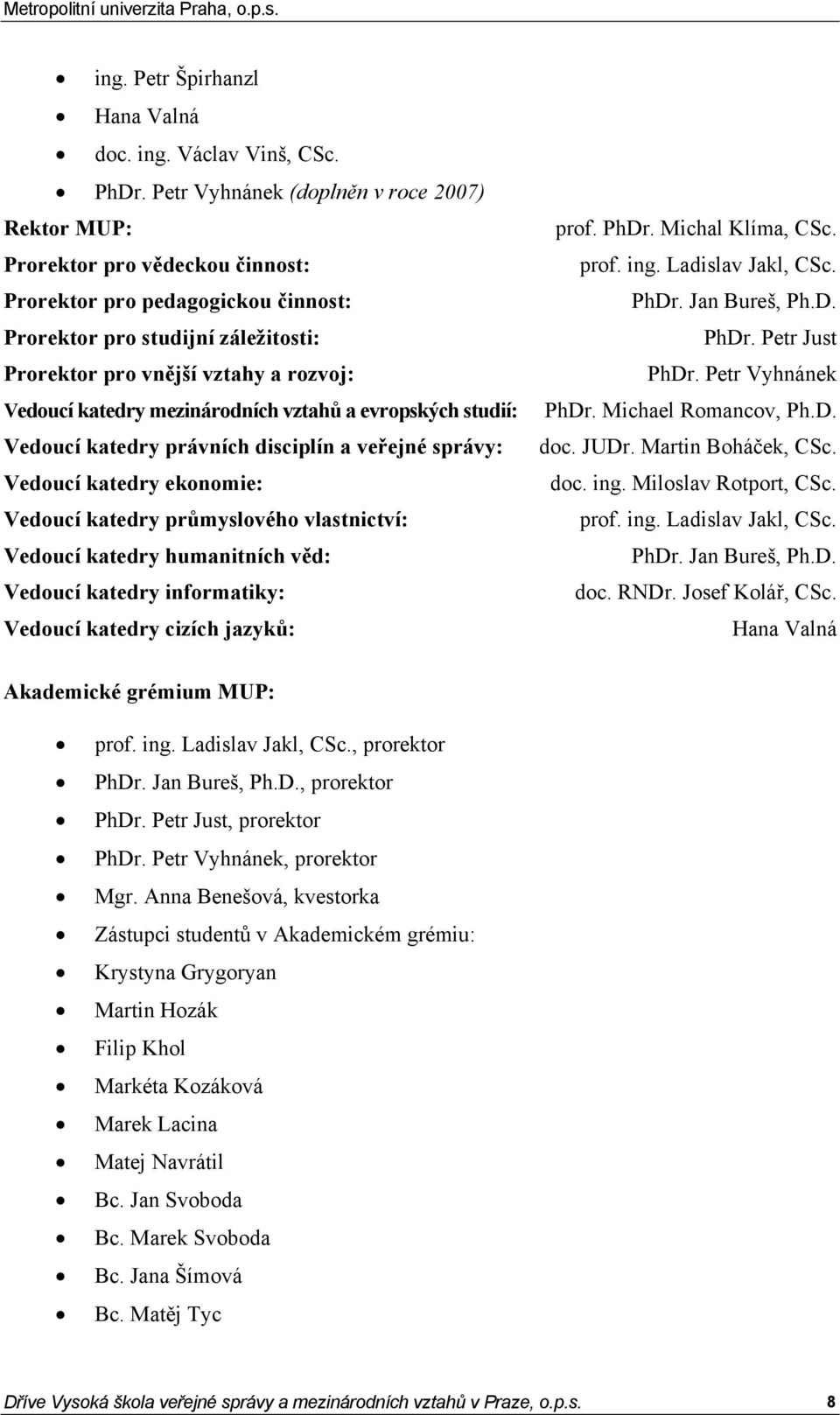 katedry mezinárodních vztahů a evropských studií: Vedoucí katedry právních disciplín a veřejné správy: Vedoucí katedry ekonomie: Vedoucí katedry průmyslového vlastnictví: Vedoucí katedry humanitních