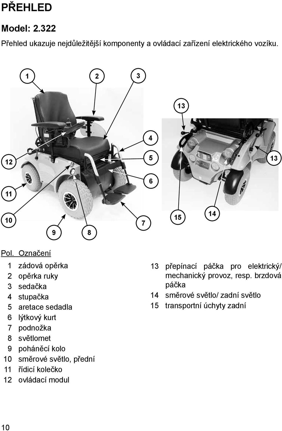 Označení 1 zádová opěrka 2 opěrka ruky 3 sedačka 4 stupačka 5 aretace sedadla 6 lýtkový kurt 7 podnožka 8 světlomet 9