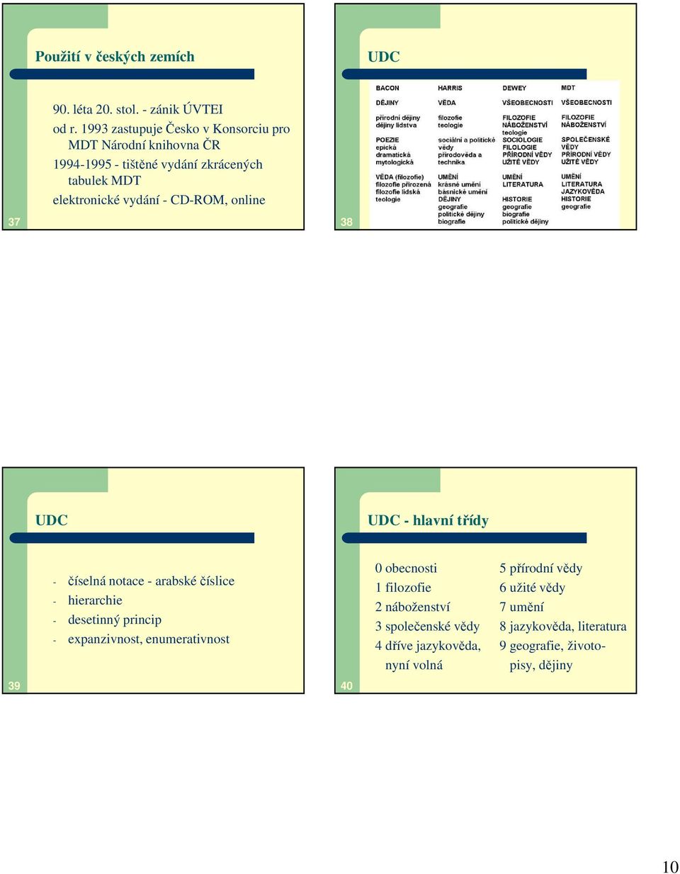 CD-ROM, online 37 38 UDC UDC - hlavní třídy - číselná notace - arabské číslice - hierarchie - desetinný princip - expanzivnost,