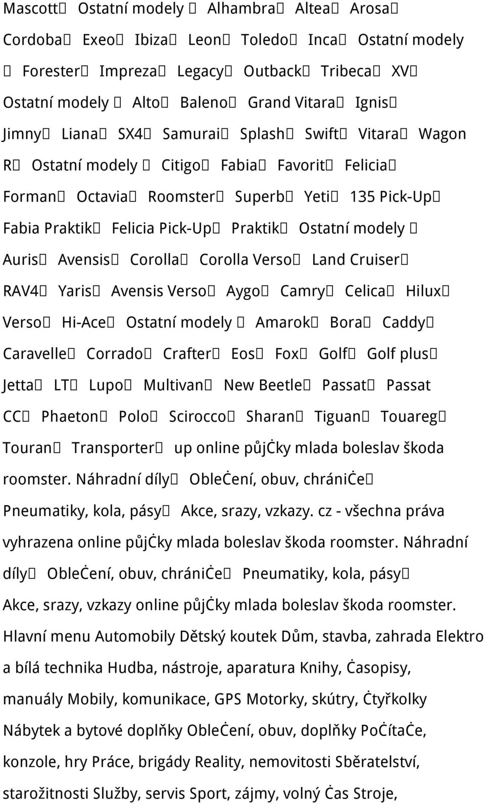 Corolla Corolla Verso Land Cruiser RAV4 Yaris Avensis Verso Aygo Camry Celica Hilux Verso Hi-Ace Ostatní modely Amarok Bora Caddy Caravelle Corrado Crafter Eos Fox Golf Golf plus Jetta LT Lupo