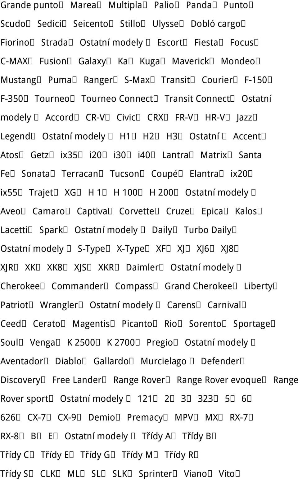 i20 i30 i40 Lantra Matrix Santa Fe Sonata Terracan Tucson Coupé Elantra ix20 ix55 Trajet XG H 1 H 100 H 200 Ostatní modely Aveo Camaro Captiva Corvette Cruze Epica Kalos Lacetti Spark Ostatní modely