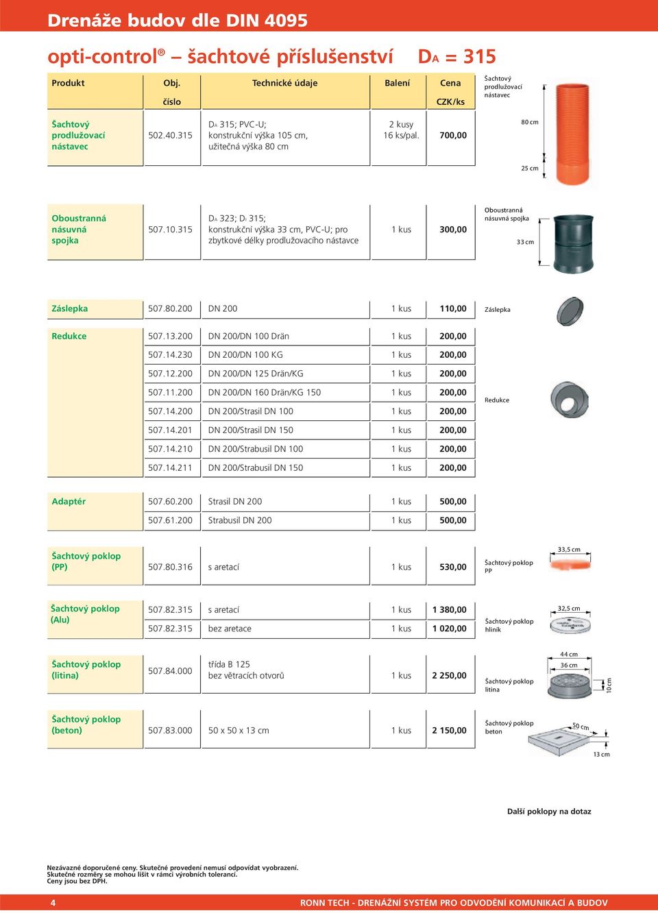 315 konstrukční výška 33 cm, PVC-U; pro 1 kus 300,00 spojka zbytkové délky prodlužovacího nástavce Oboustranná násuvná spojka 33 cm Záslepka 507.80.200 DN 200 1 kus 110,00 Záslepka Redukce 507.13.