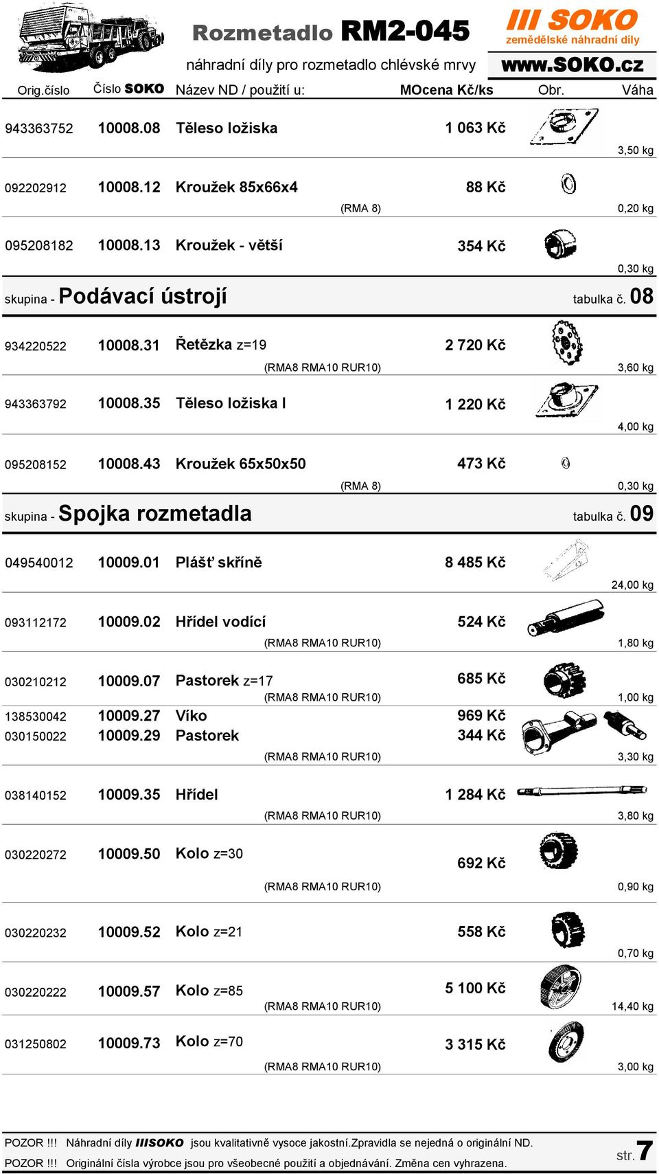 35 Těleso ložiska I 2 720 Kč 1 220 Kč 3,60 kg 4,00 kg 095208152 10008.43 Kroužek 65x50x50 473 Kč skupina - Spojka rozmetadla (RMA 8) tabulka č. 09 049540012 10009.