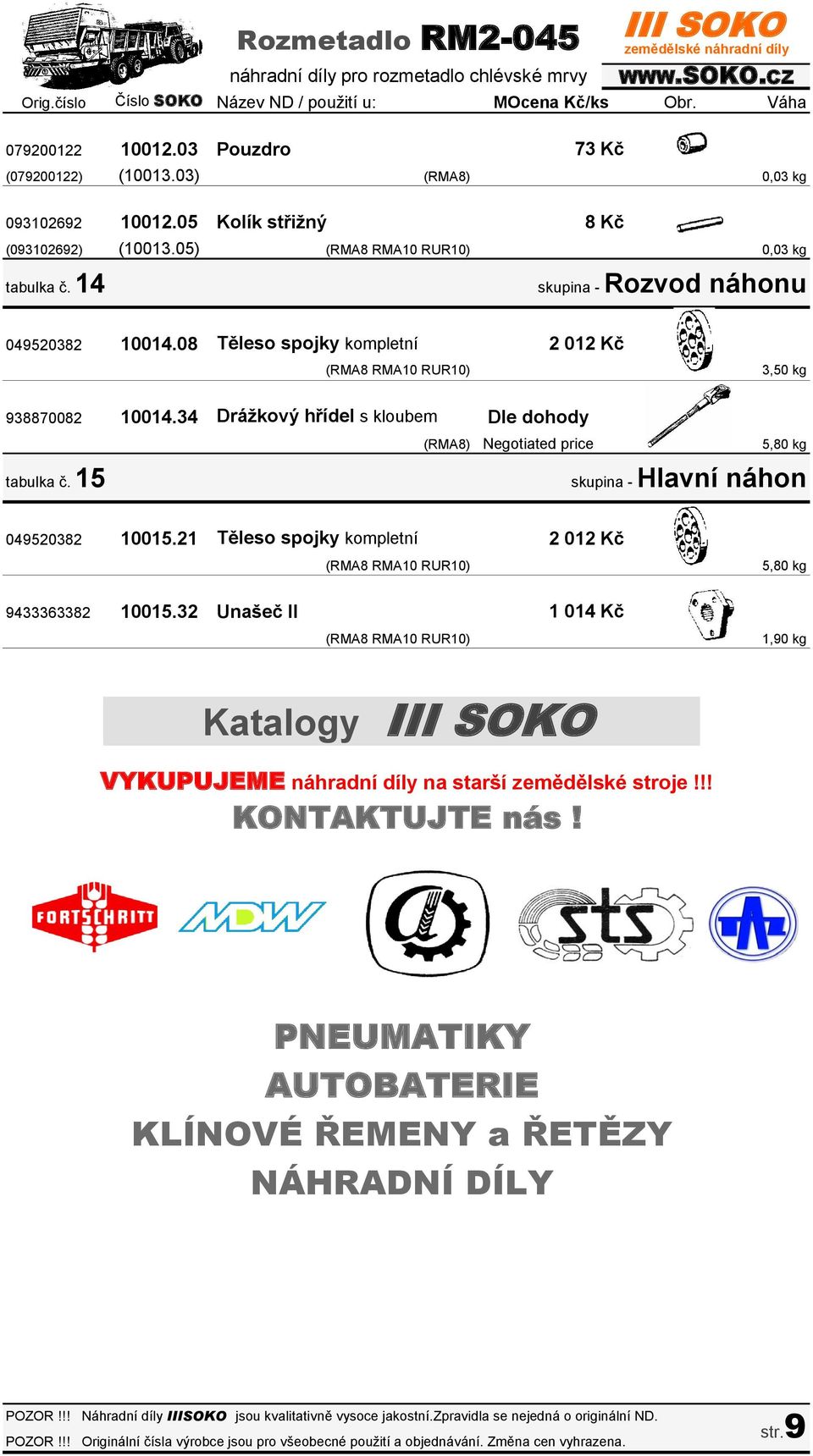 08 Těleso spojky kompletní 2 012 Kč 3,50 kg 938870082 10014.34 Drážkový hřídel s kloubem Dle dohody Negotiated price 5,80 kg tabulka č.