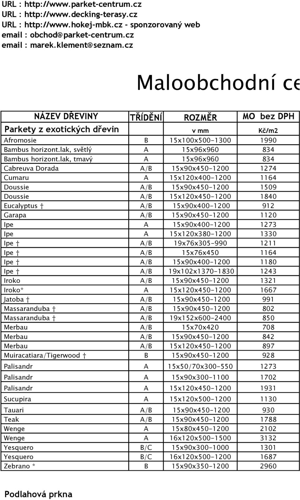 lak, tmavý A 15x96x960 834 Cabreuva Dorada A/B 15x90x450-1200 1274 Cumaru A 15x120x400-1200 1164 Doussie A/B 15x90x450-1200 1509 Doussie A/B 15x120x450-1200 1840 Eucalyptus A/B 15x90x400-1200 912