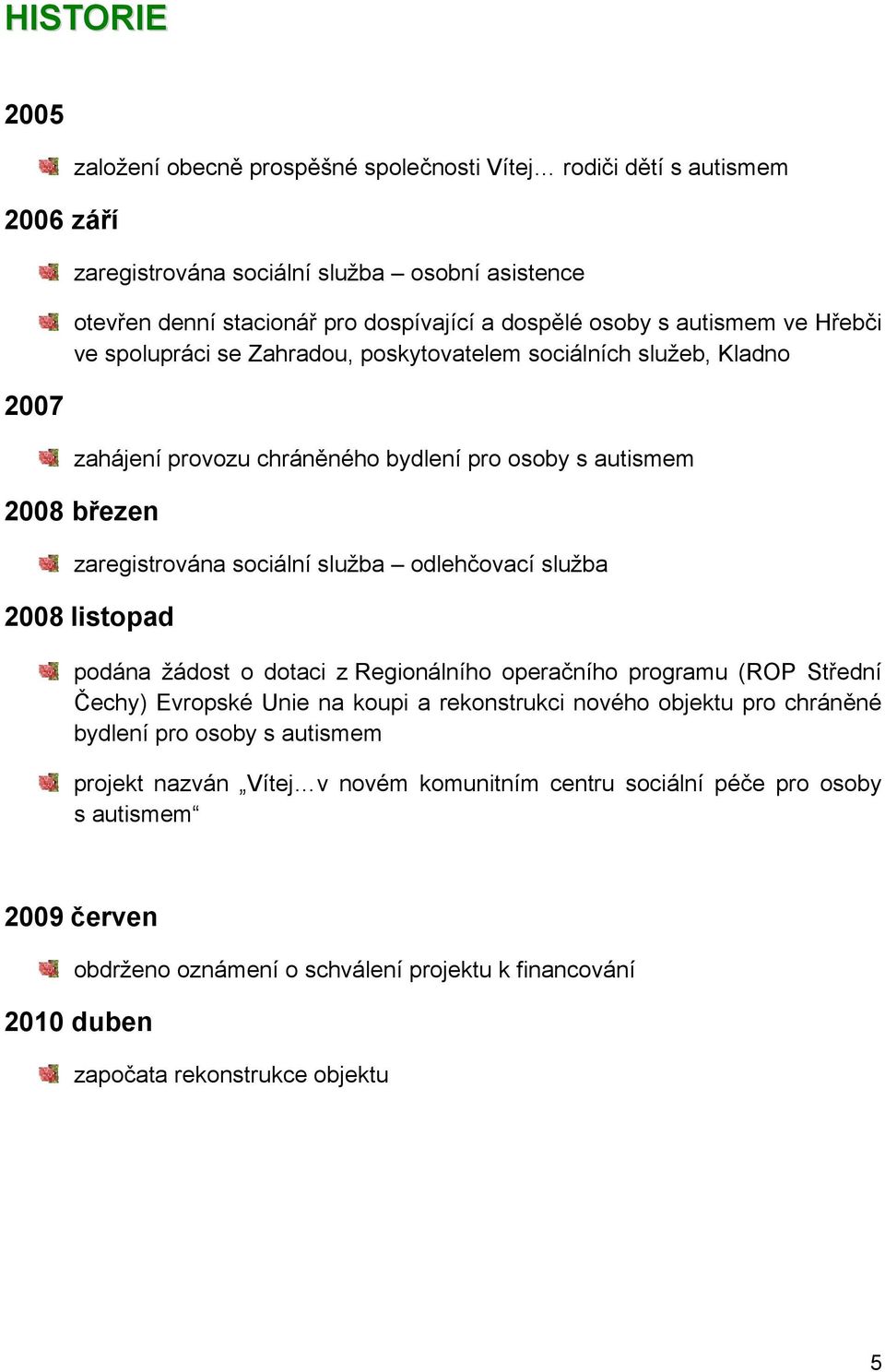 odlehčovací služba 2008 listopad podána žádost o dotaci z Regionálního operačního programu (ROP Střední Čechy) Evropské Unie na koupi a rekonstrukci nového objektu pro chráněné bydlení pro osoby