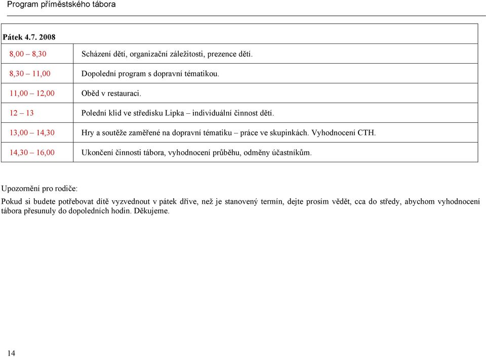 13,00 14,30 Hry a soutěže zaměřené na dopravní tématiku práce ve skupinkách. Vyhodnocení CTH.