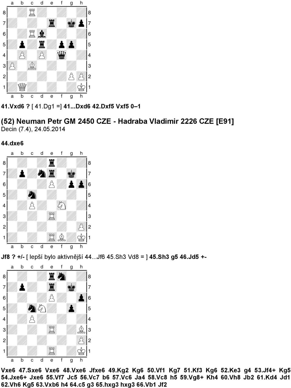 dxe6 8-+-+r+-+( 7+p+ntr-mk-' 6-+-+P+pzp& 5+-sn-+-+-% 4-+P+-sN-+$ 3+-+-tR-+-# 2-+-+-+-zP" 1+-+-tRL+K! Jf8? +/- [ lepší bylo aktivnější 44...Jf6 45.Sh3 Vd8 = ] 45.Sh3 g5 46.