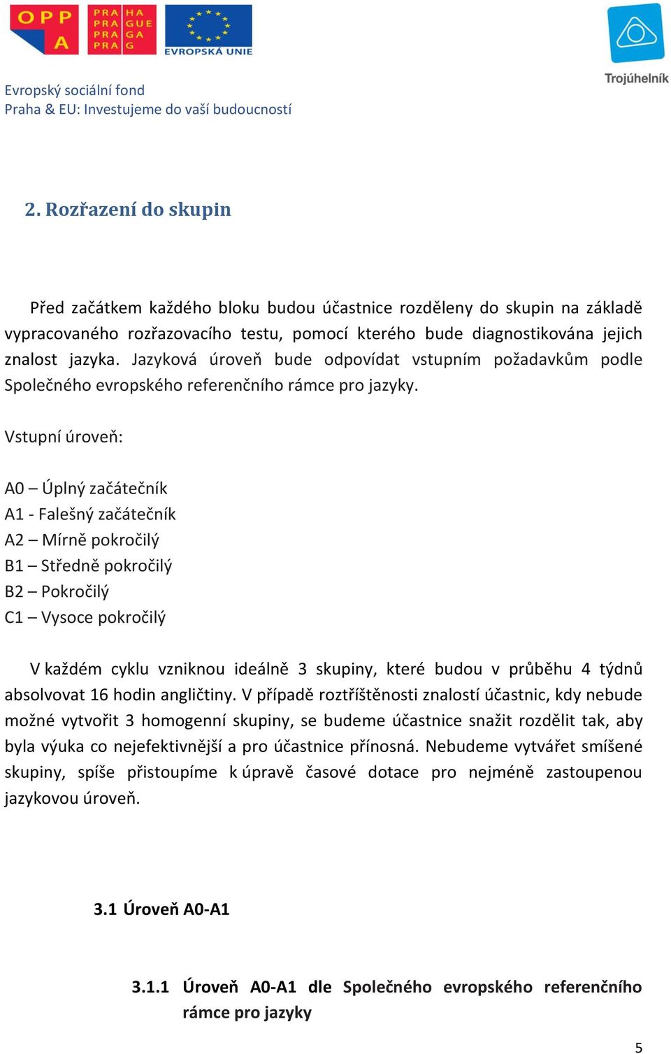 Vstupní úroveň: A0 Úplný začátečník A1 - Falešný začátečník A2 Mírně pokročilý B1 Středně pokročilý B2 Pokročilý C1 Vysoce pokročilý V každém cyklu vzniknou ideálně 3 skupiny, které budou v průběhu 4