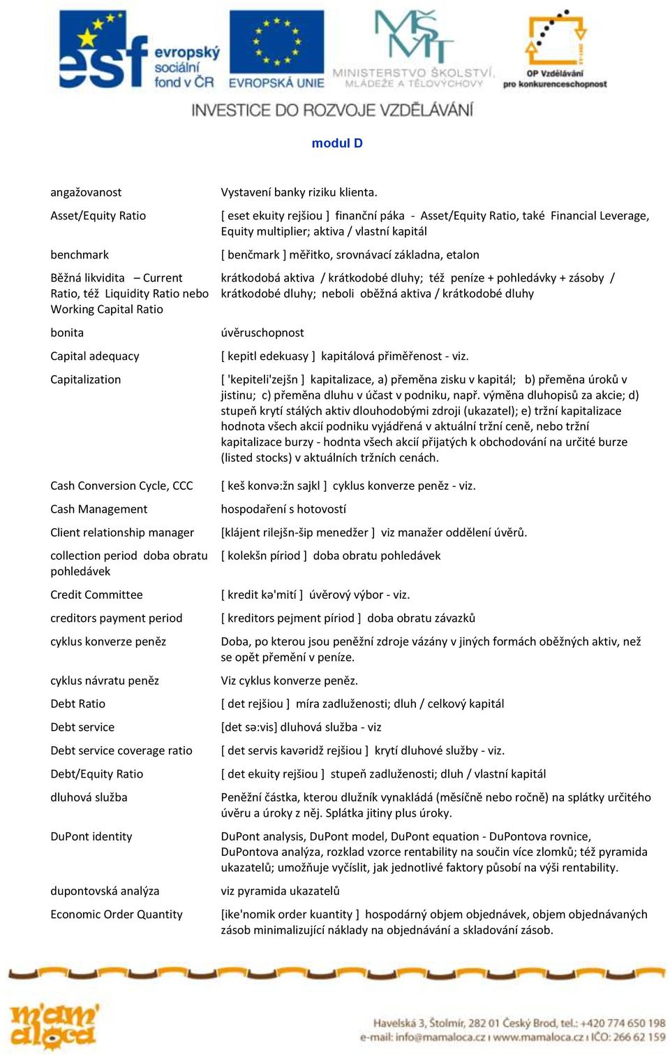 service coverage ratio Debt/Equity Ratio dluhová služba DuPont identity dupontovská analýza Economic Order Quantity Vystavení banky riziku klienta.
