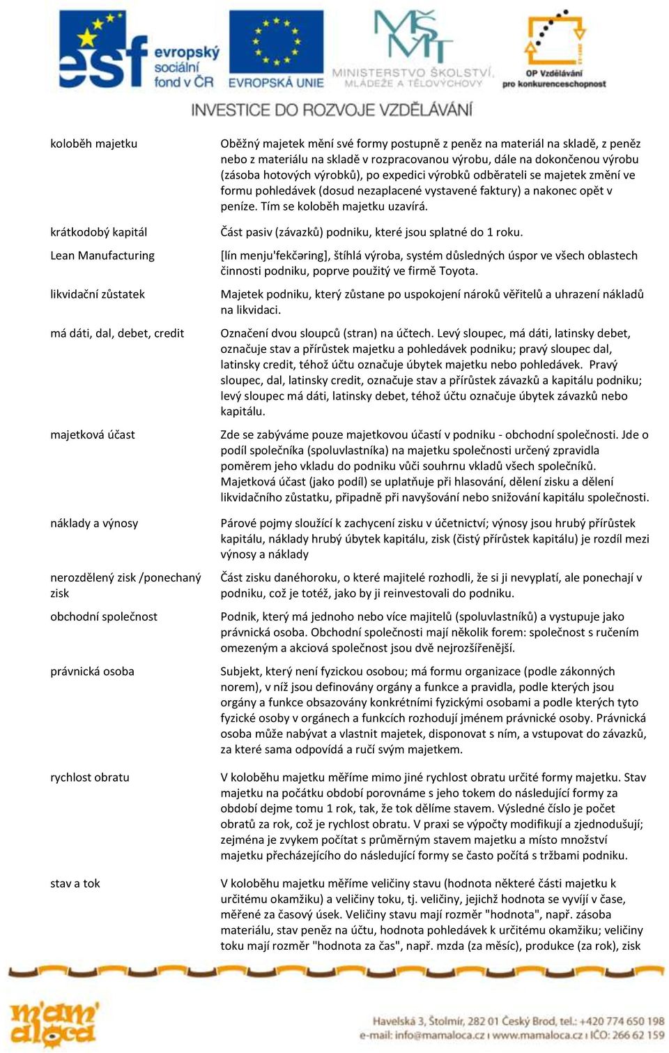 hotových výrobků), po expedici výrobků odběrateli se majetek změní ve formu pohledávek (dosud nezaplacené vystavené faktury) a nakonec opět v peníze. Tím se koloběh majetku uzavírá.