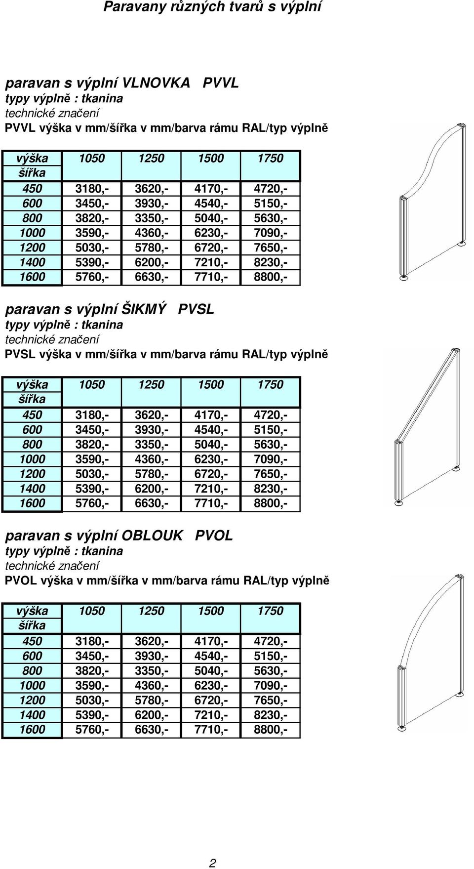 výška v mm/ v mm/barva rámu RAL/typ výpln výška 1050 1250 1500 1750 450 3180,- 3620,- 4170,- 4720,- 600 3450,- 3930,- 4540,- 5150,- 800 3820,- 3350,- 5040,- 5630,- 1000 3590,- 4360,- 6230,- 7090,-