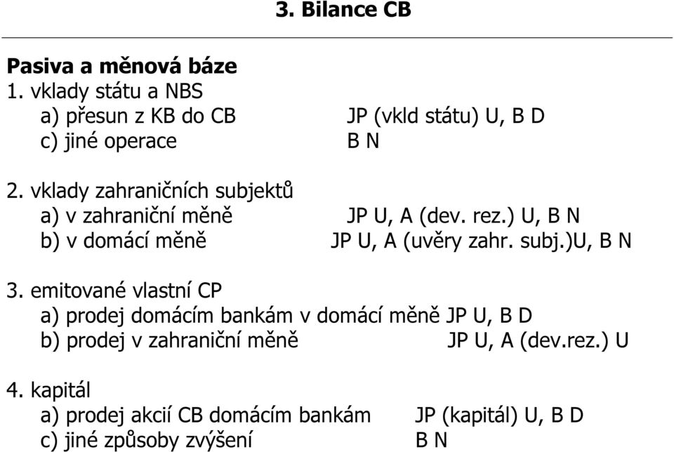 vklady zahraničních subjektů a) v zahraniční měně JP U, A (dev. rez.) U, B N b) v domácí měně JP U, A (uvěry zahr.