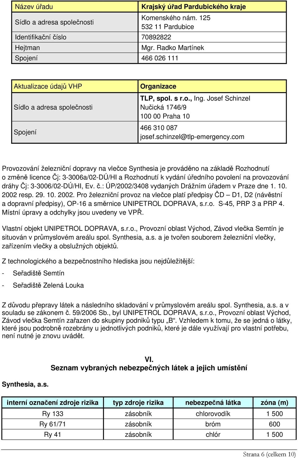 com Provozování železniční dopravy na vlečce Synthesia je prováděno na základě Rozhodnutí o změně licence Čj: 3-3006a/02-DÚ/HI a Rozhodnutí k vydání úředního povolení na provozování dráhy Čj: