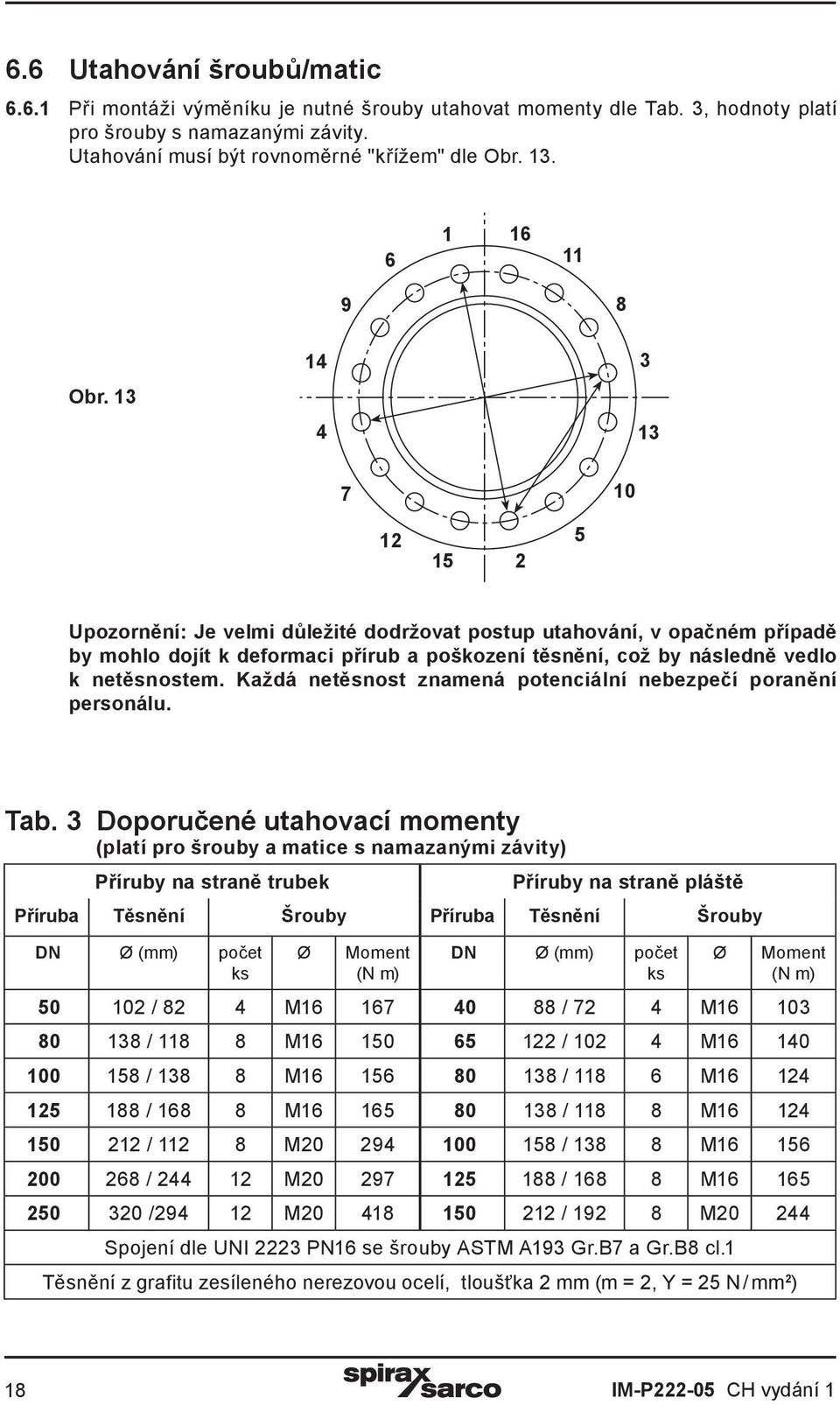 13 14 4 3 13 7 10 12 15 2 5 Upozornění: Je velmi důležité dodržovat postup utahování, v opačném případě by mohlo dojít k deformaci přírub a poškození těsnění, což by následně vedlo k netěsnostem.