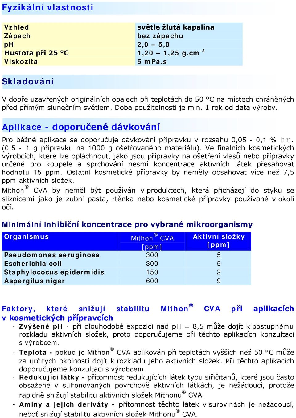 Aplikace - doporučené dávkování Pro běžné aplikace se doporučuje dávkování přípravku v rozsahu 0,05-0,1 % hm. (0,5-1 g přípravku na 1000 g ošetřovaného materiálu).