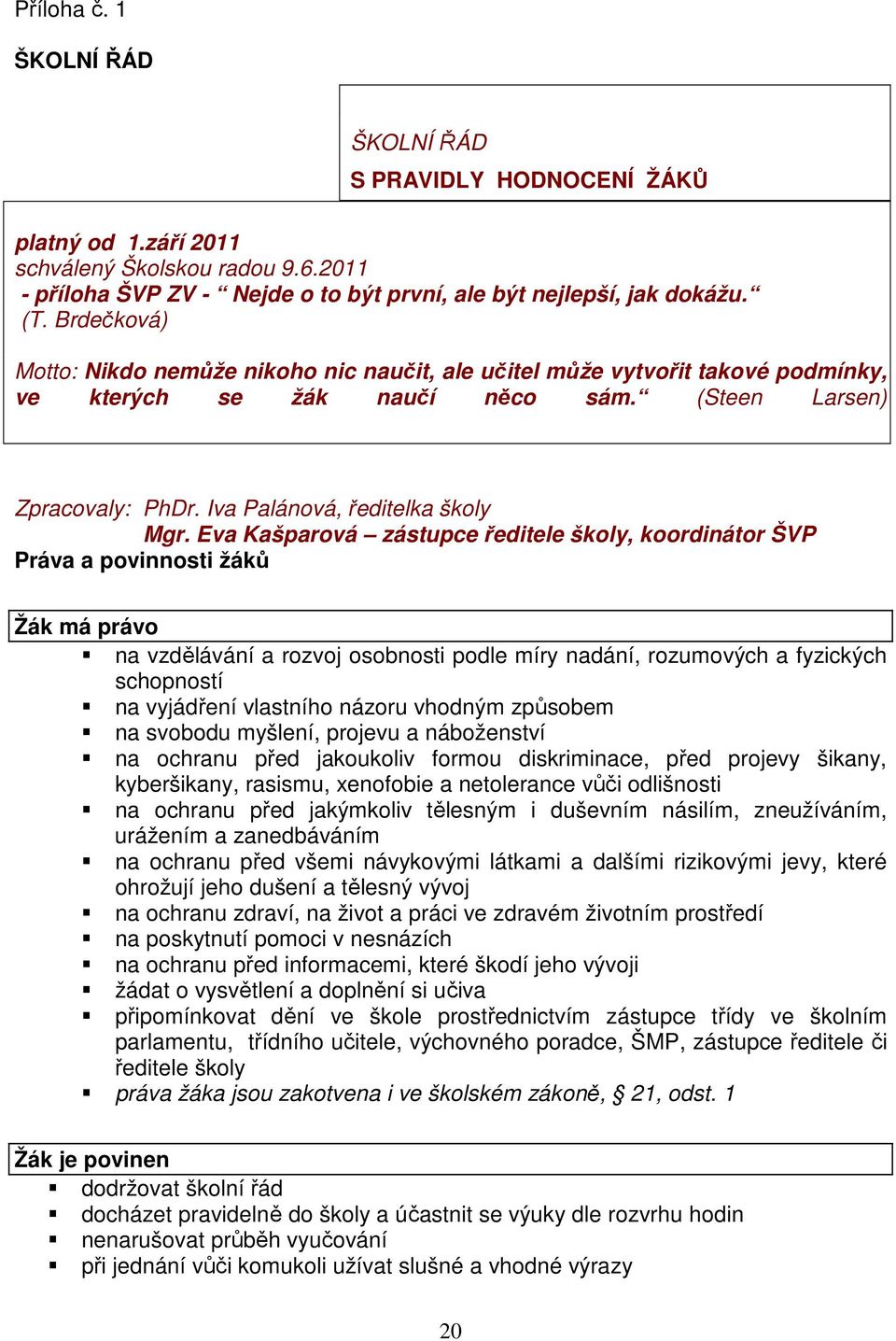 Eva Kašparová zástupce ředitele školy, koordinátor ŠVP Práva a povinnosti žáků Žák má právo na vzdělávání a rozvoj osobnosti podle míry nadání, rozumových a fyzických schopností na vyjádření