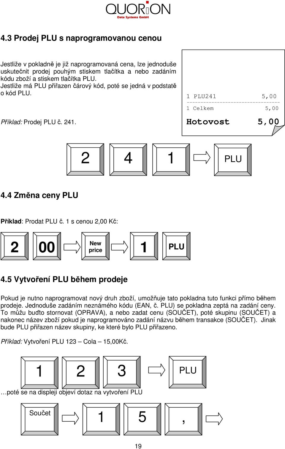 4 Změna ceny PLU Příklad: Prodat PLU č. 1 s cenou 2,00 Kč: 2 00 New price 1 PLU 4.