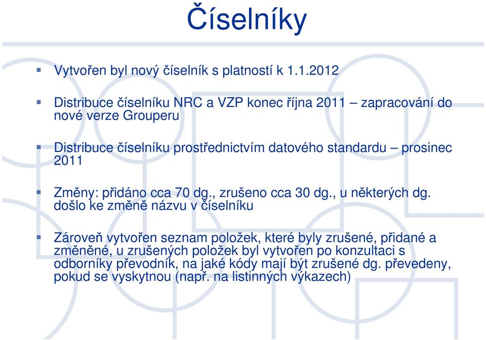 standardu prosinec 2011 Změny: přidáno cca 70 dg., zrušeno cca 30 dg., u některých dg.