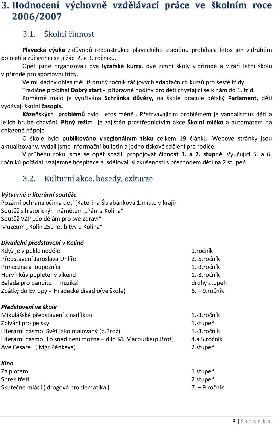 Opět jsme organizovali dva lyžařské kurzy, dvě zimní školy v přírodě a v září letní školu v přírodě pro sportovní třídy.