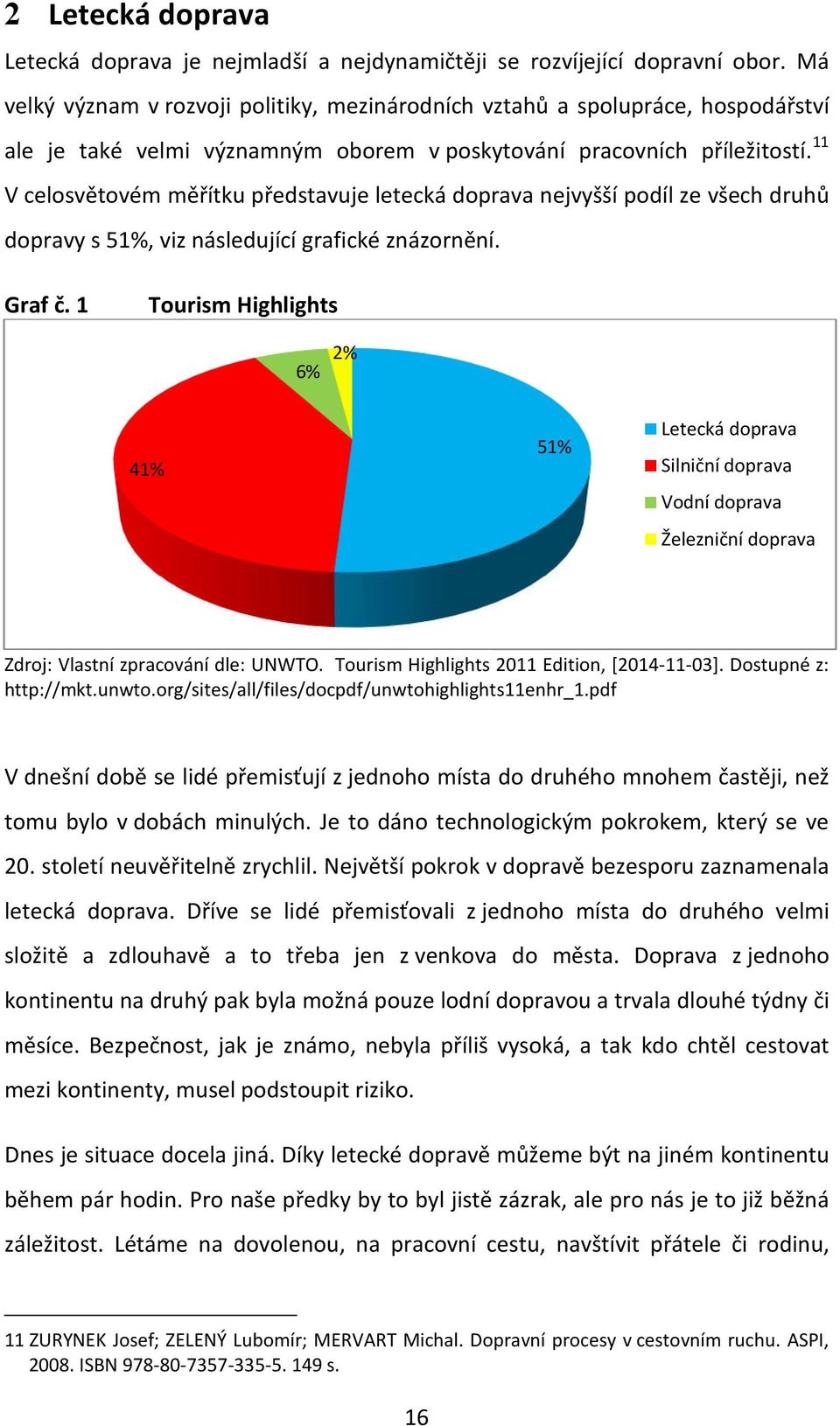 11 V celosvětovém měřítku představuje letecká doprava nejvyšší podíl ze všech druhů dopravy s 51%, viz následující grafické znázornění. Graf č.